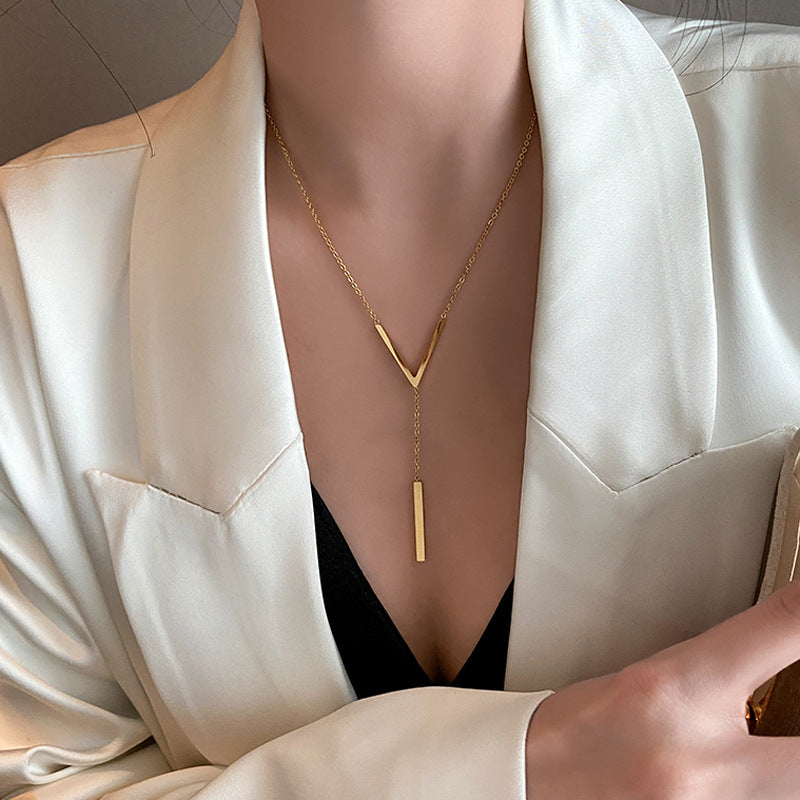 V-Line Minimalist Necklace – 18K Gold Plated Y Pendant for Women