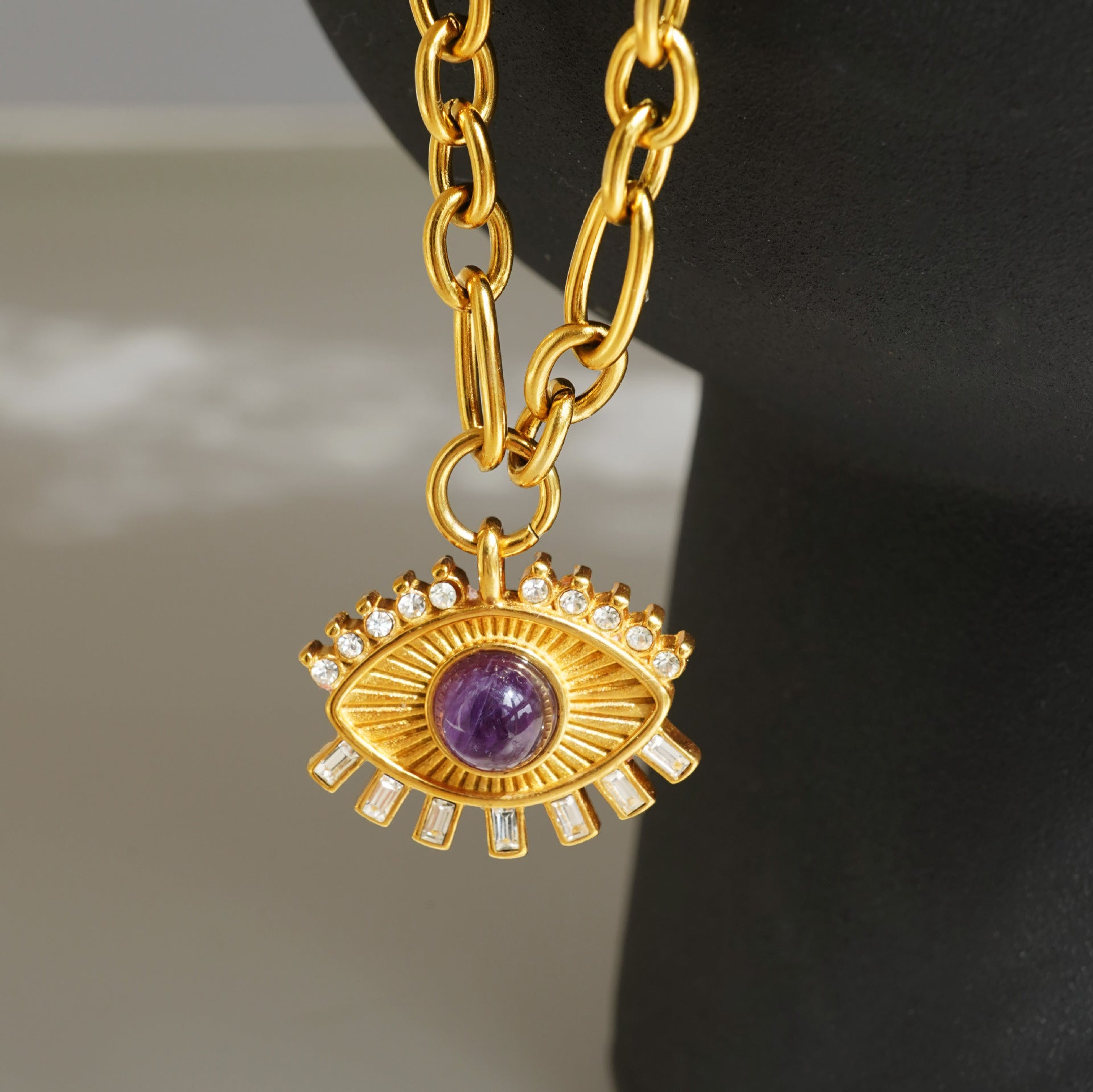 Gold Eye Pendant Necklace with Purple Gemstone – Mystic Amulet Jewelry