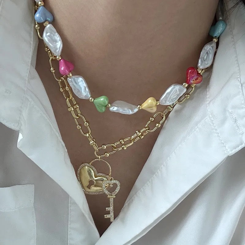 Golden Heart Pearl Chain Necklace with Lock & Key Pendant – 18K Gold Plated