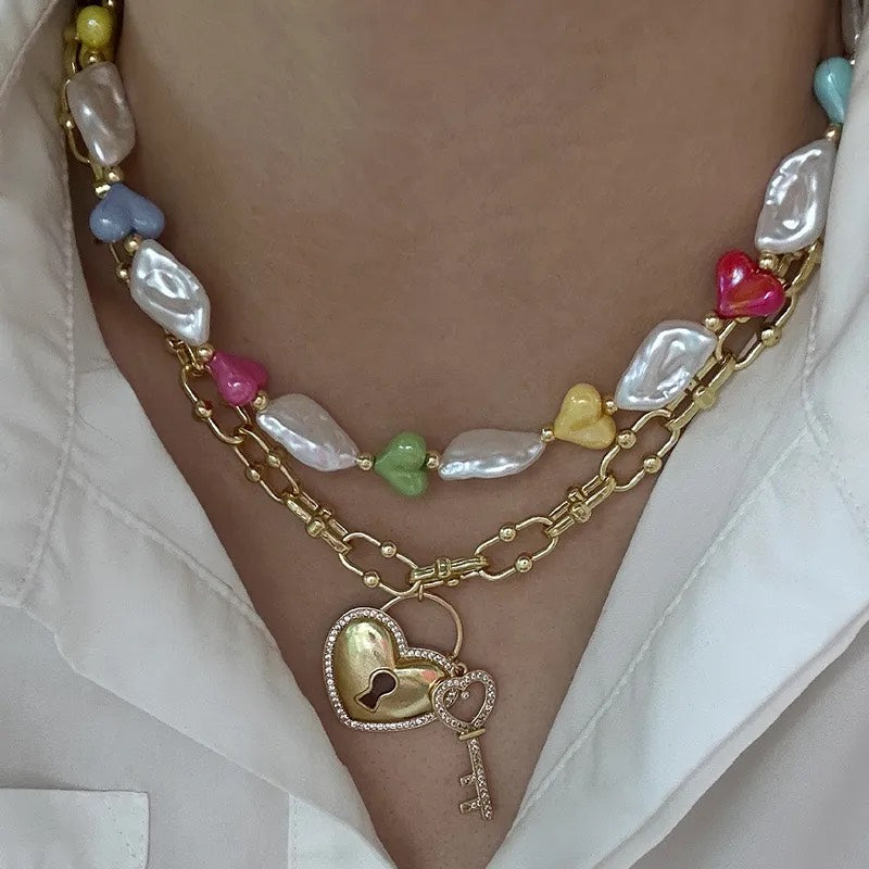 Golden Heart Pearl Chain Necklace with Lock & Key Pendant – 18K Gold Plated