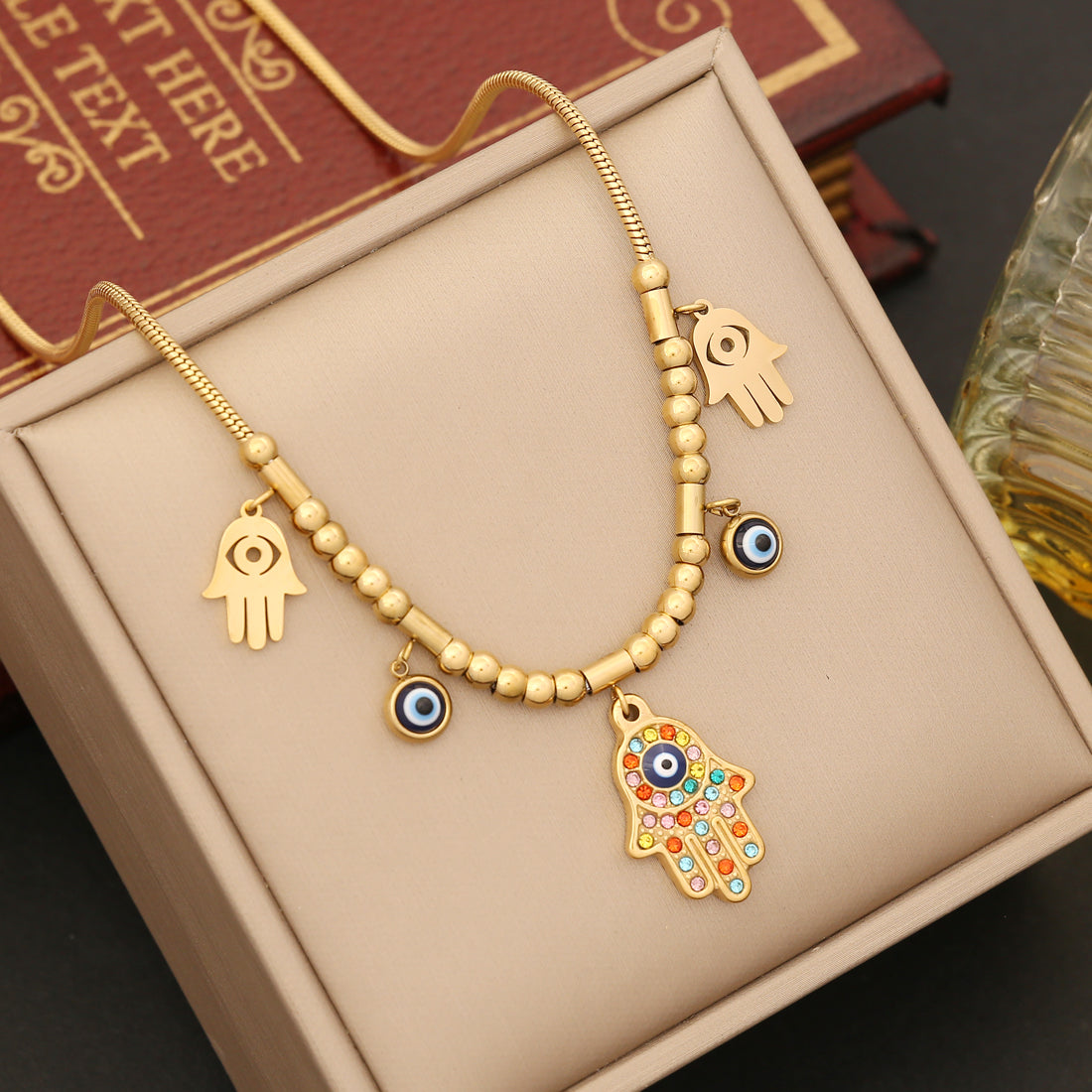 Hamsa Evil Eye Beaded Necklace – 18K Gold Plated Stainless Steel