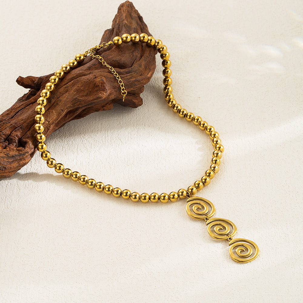 Golden Swirl Beaded Pendant Necklace – 18K Gold Plated Stainless Steel