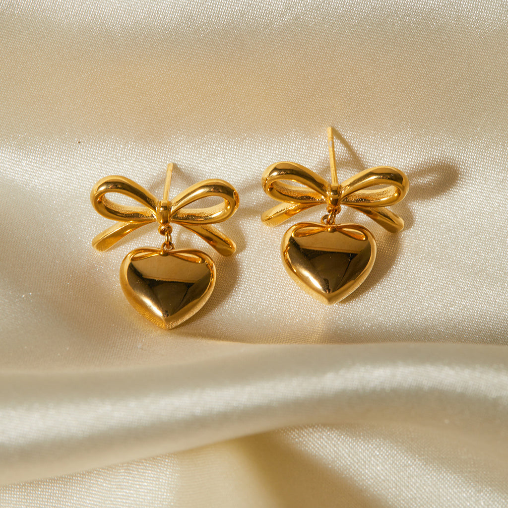 Bow Heart Drop Earrings (18K Gold Plated)