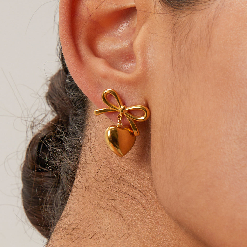 Bow Heart Drop Earrings (18K Gold Plated)