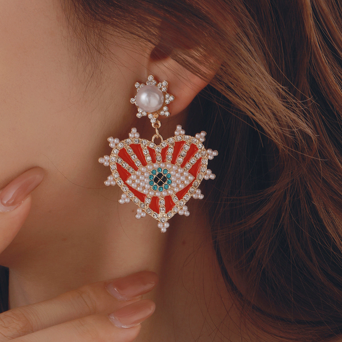 Royal Evil Eye Heart Earrings – 18K Gold Plated Statement Drops