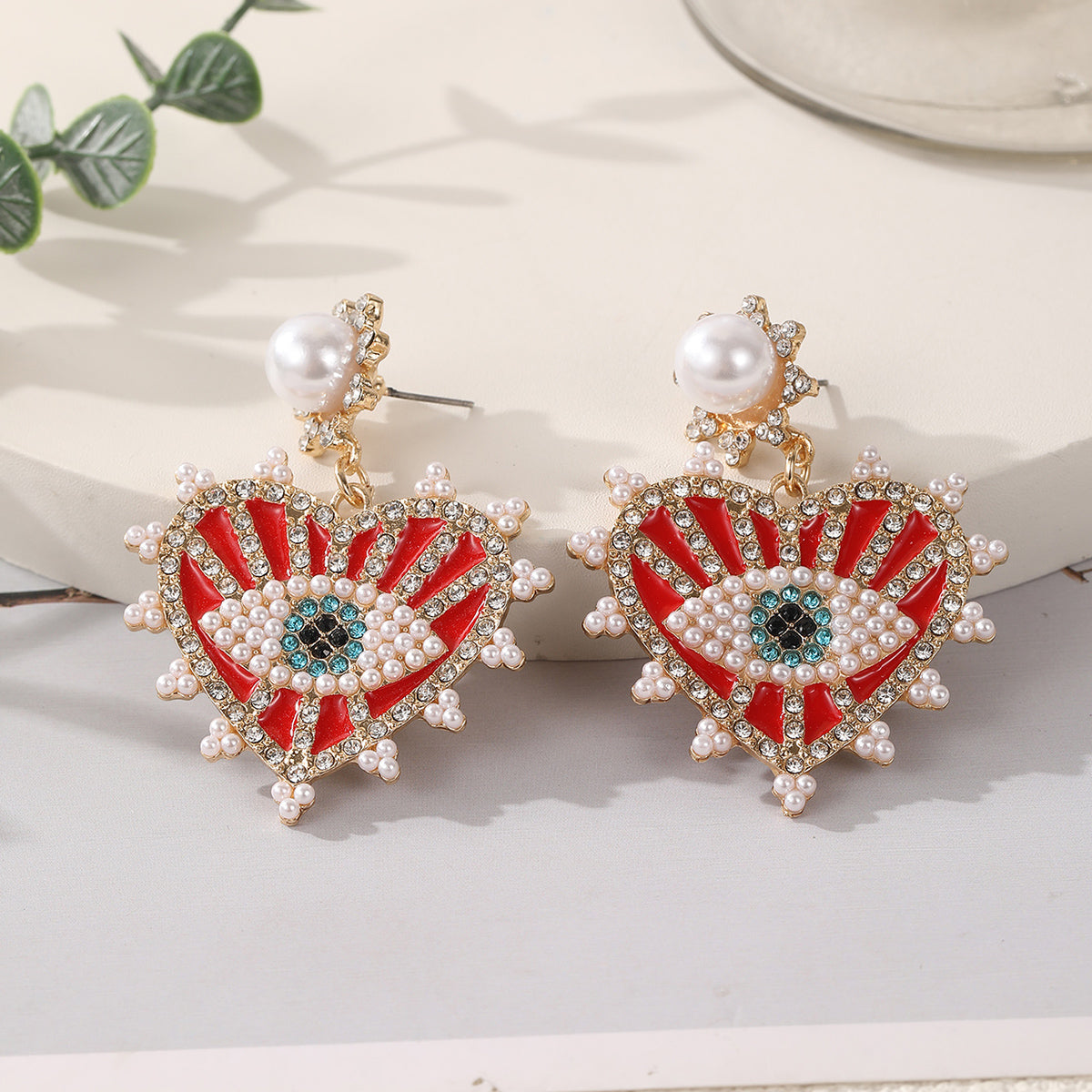 Royal Evil Eye Heart Earrings – 18K Gold Plated Statement Drops