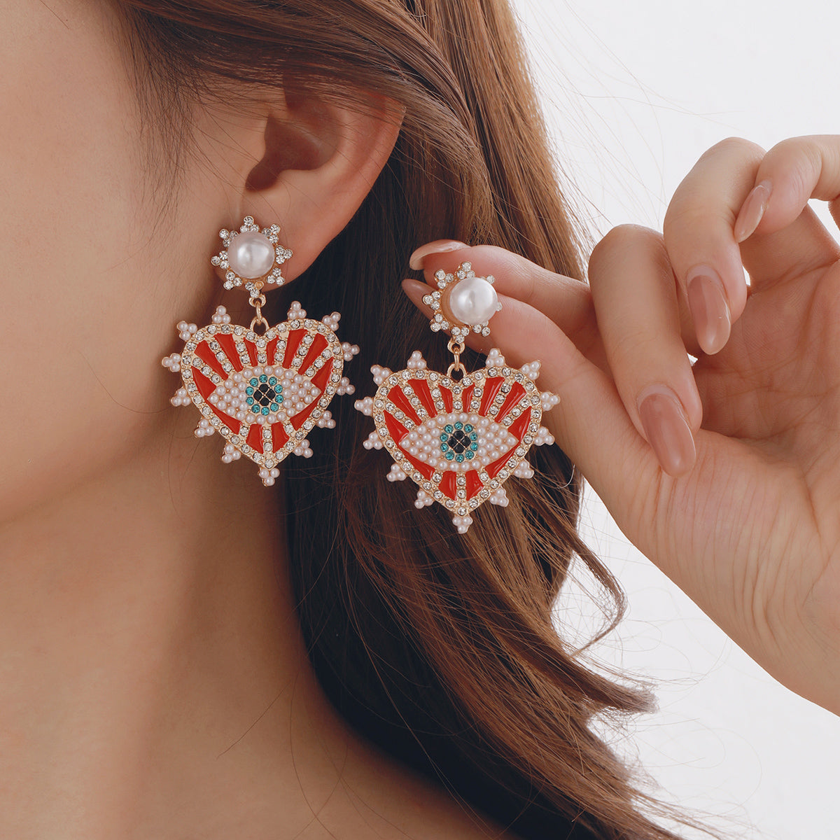 Royal Evil Eye Heart Earrings – 18K Gold Plated Statement Drops
