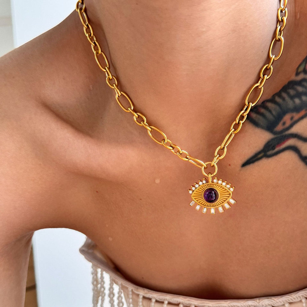 Gold Eye Pendant Necklace with Purple Gemstone – Mystic Amulet Jewelry