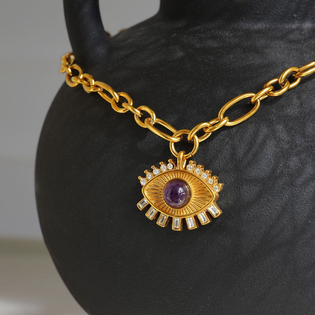 Gold Eye Pendant Necklace with Purple Gemstone – Mystic Amulet Jewelry