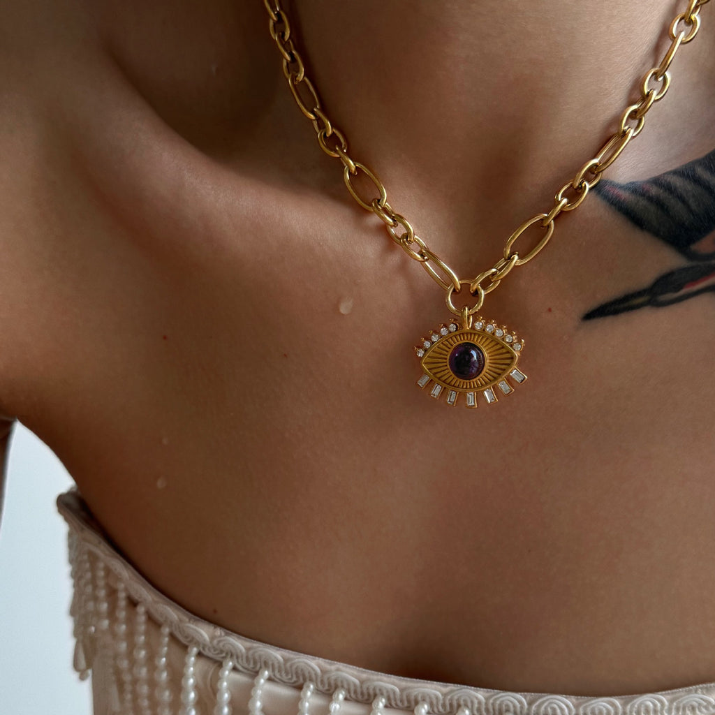 Gold Eye Pendant Necklace with Purple Gemstone – Mystic Amulet Jewelry
