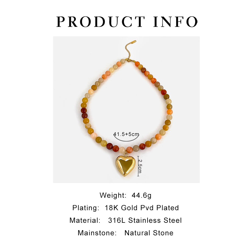 Golden Heart & Gemstone Beaded Necklace – 18K Gold on Natural Stone