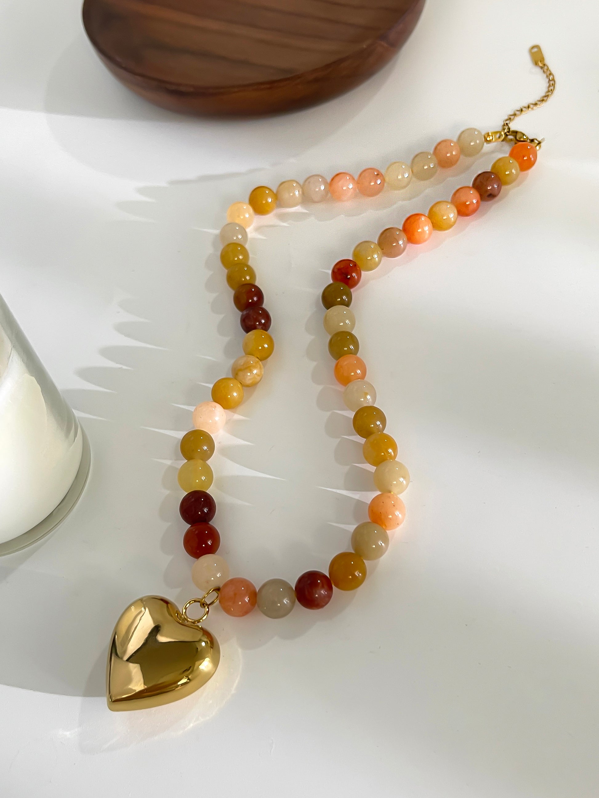 Golden Heart & Gemstone Beaded Necklace – 18K Gold on Natural Stone