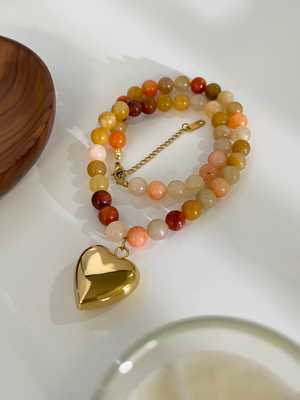 Golden Heart & Gemstone Beaded Necklace – 18K Gold on Natural Stone