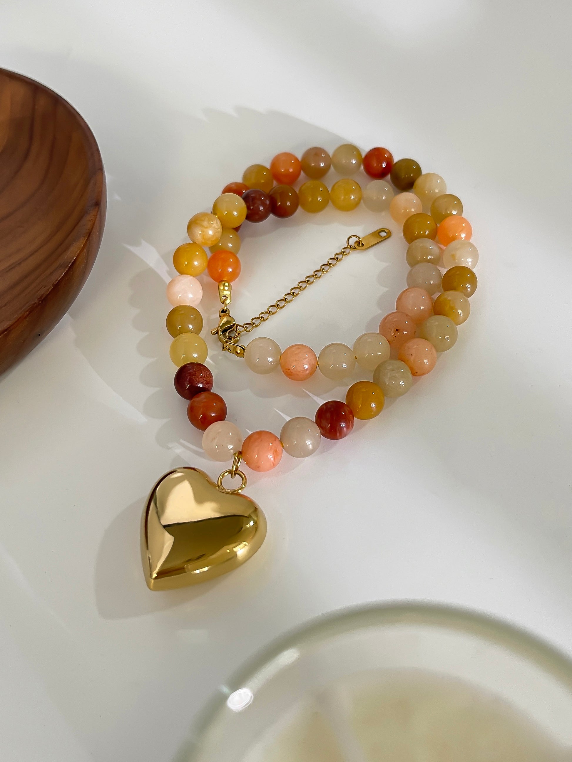 Golden Heart & Gemstone Beaded Necklace – 18K Gold on Natural Stone