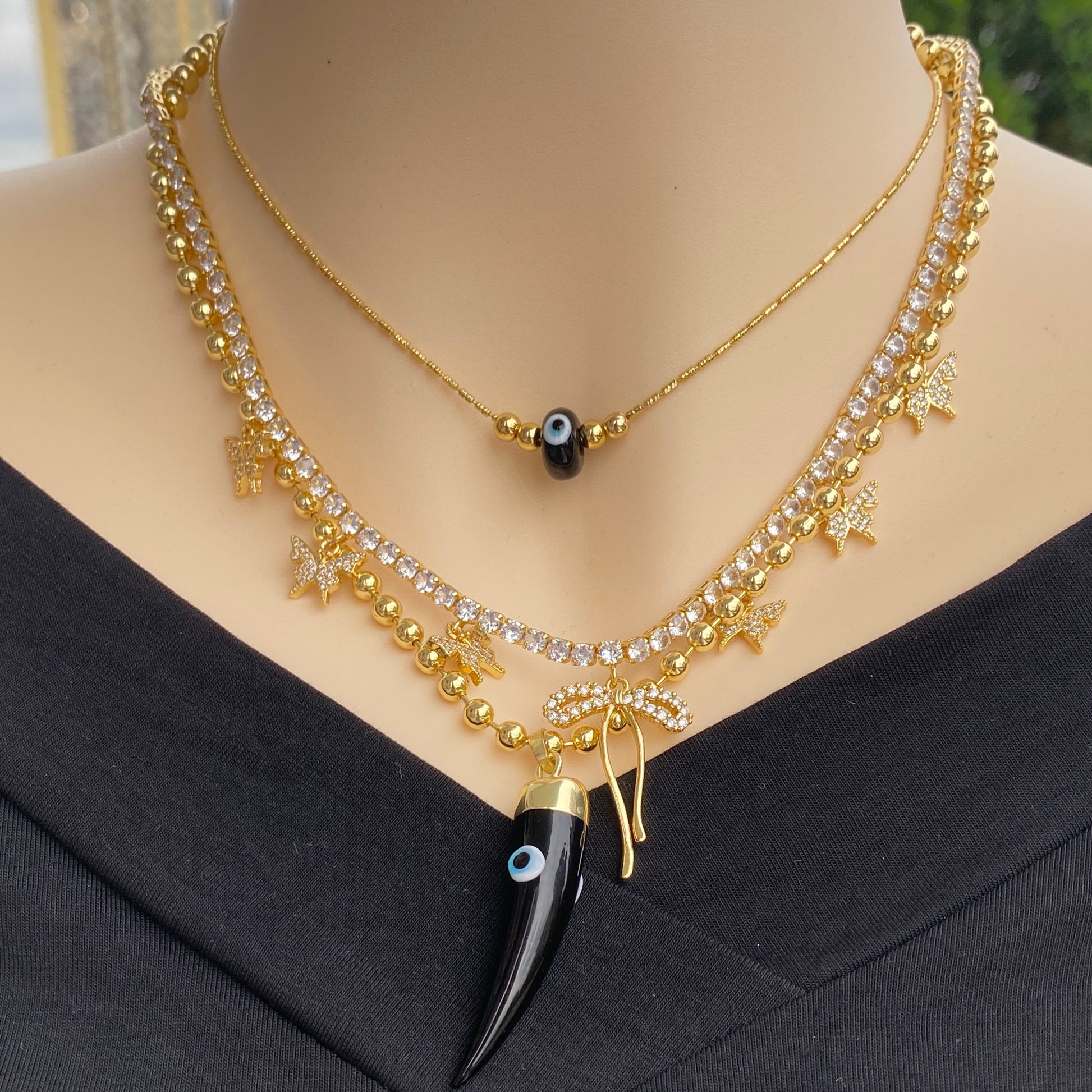 Triple Layer Evil Eye & Butterfly Charm Necklace Set – 18K Gold Plated