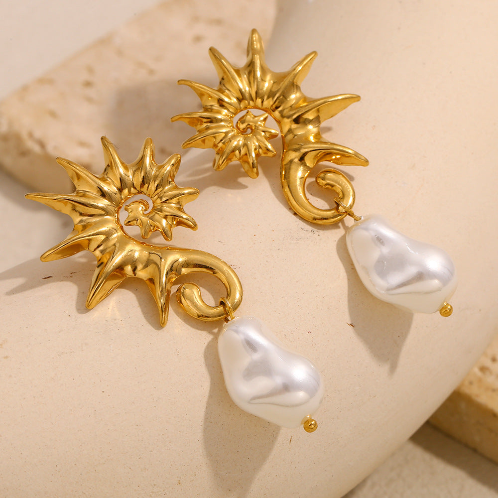 Solar Pearl Drop Earrings – 18K Gold Plated Baroque Earrings for Women
