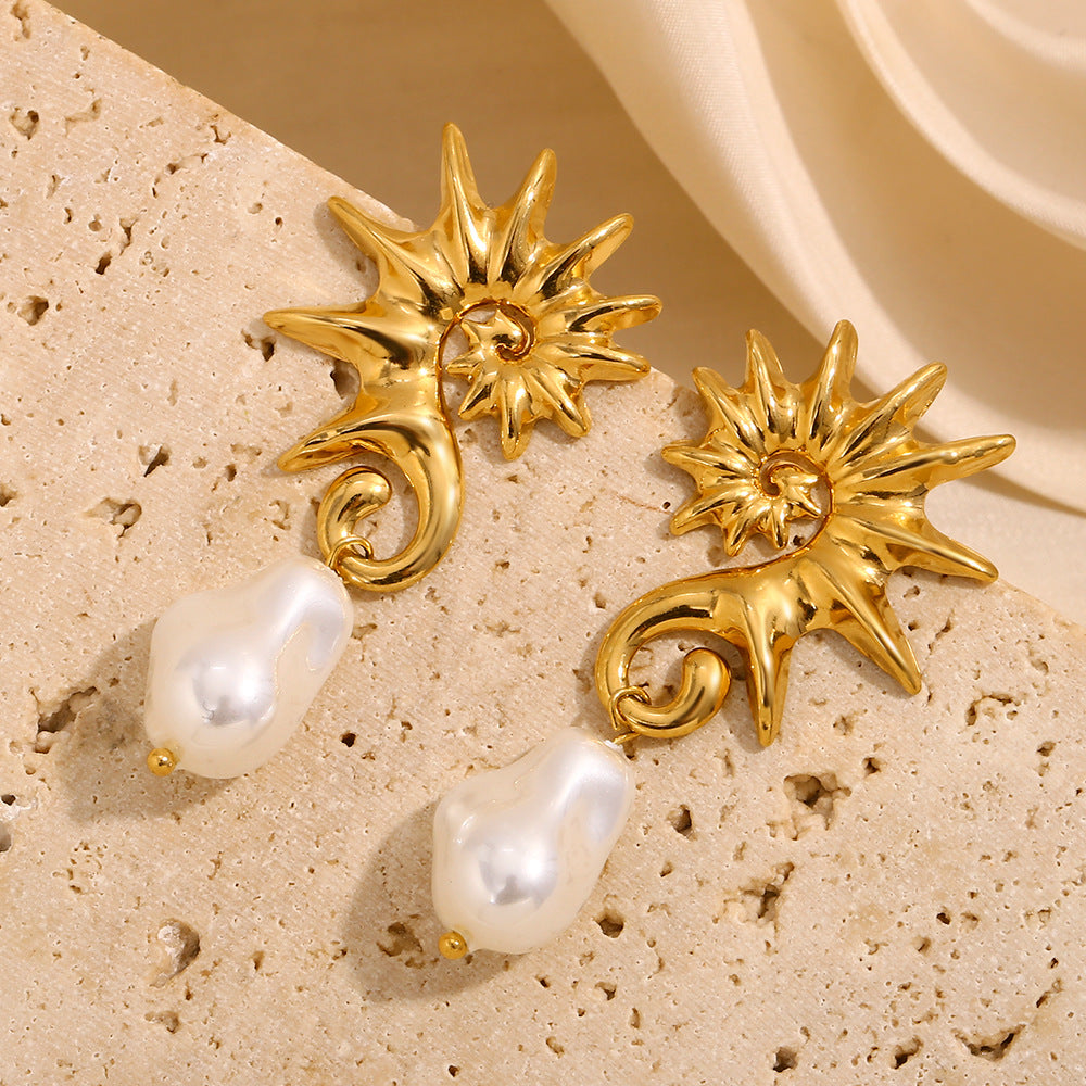 Solar Pearl Drop Earrings – 18K Gold Plated Baroque Earrings for Women