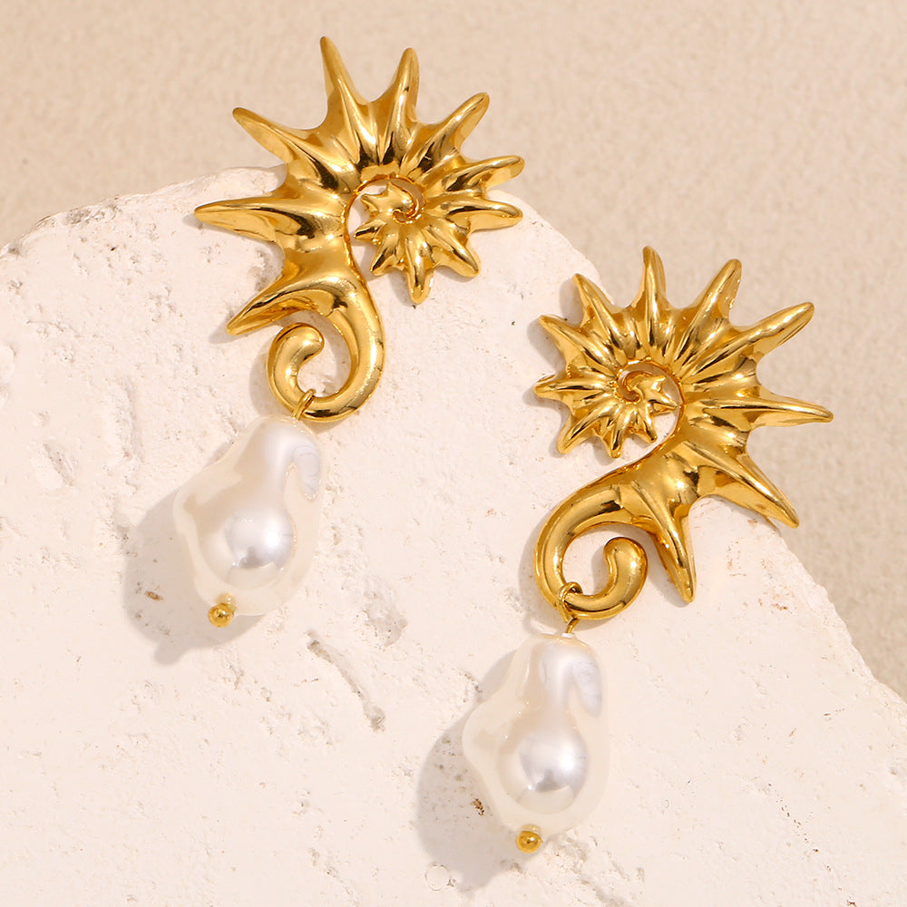 Solar Pearl Drop Earrings – 18K Gold Plated Baroque Earrings for Women