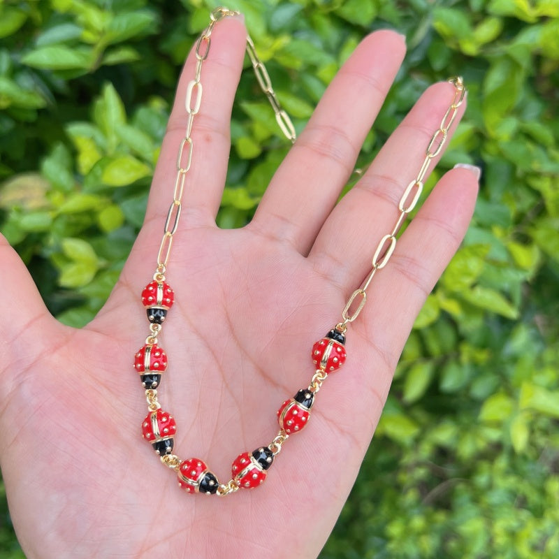 Lucky Ladybug Beaded Necklace – 18K Gold Plated