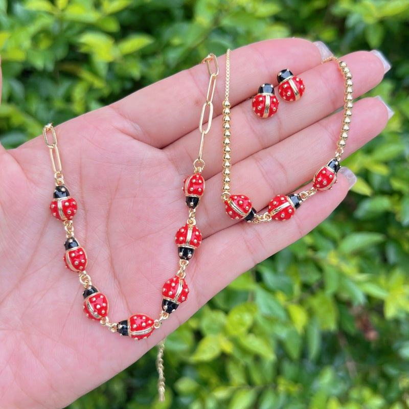 Lucky Ladybug Beaded Necklace – 18K Gold Plated