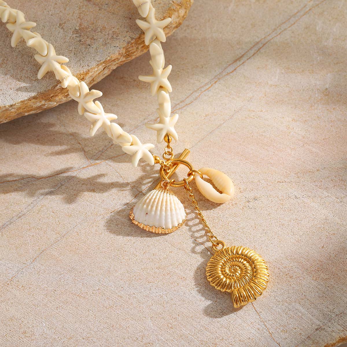 Golden Shoreline Charm Necklace – Starfish & Seashell Beach Jewelry
