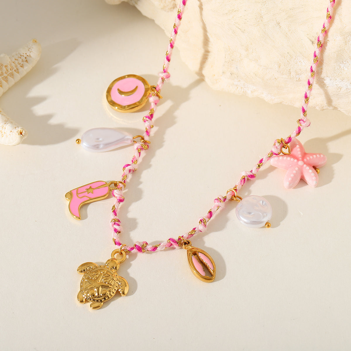 Pink Coastal Charms Necklace – Starfish, Shell & Tortoise Pendant