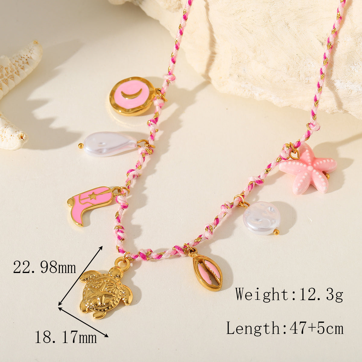 Pink Coastal Charms Necklace – Starfish, Shell & Tortoise Pendant