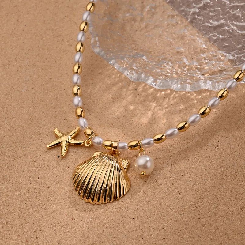 Golden Seashell & Pearl Beaded Necklace – 18K Plated Beach Charm